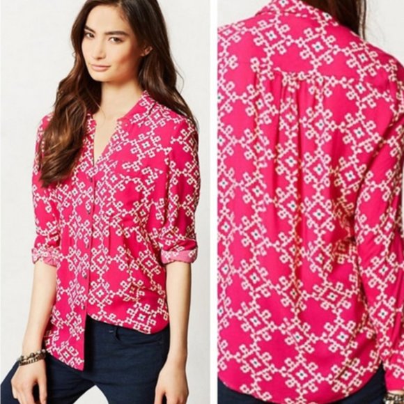Anthropologie Tops - Maeve pink rayon printed roll sleeve blouse